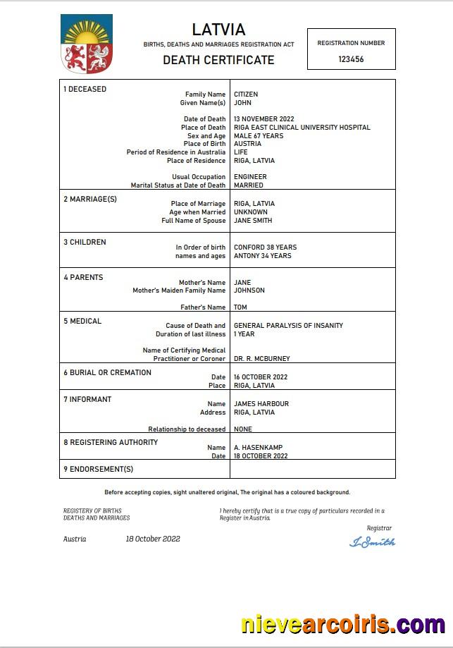 Latvia vital record death certificate